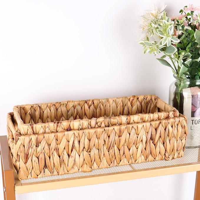 Wicker Storage Baskets with Handle Water Hyacinth Basket for Organizing Decorative Storage Bins for Countertop Toilet Tank Boho Rectangular Home Organizer (Natural, Set of 2)