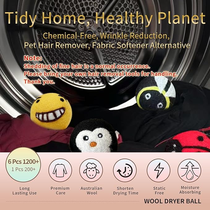 Smiley Face Wool Dryer Balls 6-Pack,Chemical-Free Softening, Multi-Color Happy Motifs, 4-Season Static Shield - Faster Drying for Gym Gear, Linens, Pet Towels