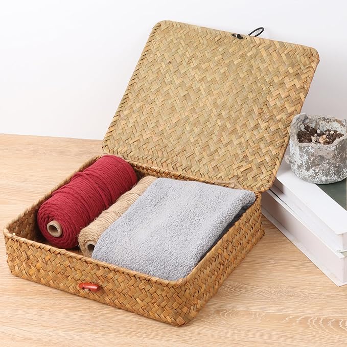 Flat Wicker Shelf Baskets with Lid, Seagrass Woven Basket Boxes for Storage Basket Bins Multipurpose Home Decor Organizer (Natural Large)