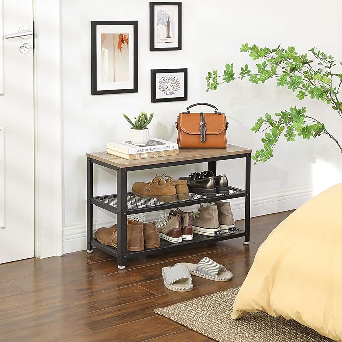 VASAGLE 3-Tier Shoe Rack, Shelf Storage Bench with Metal Mesh Shelves and Seat, Free Standing Shoe Organizer for Entryway, 11.8 x 28.7 x 17.7 Inches, Greige and Black ULBS73MB