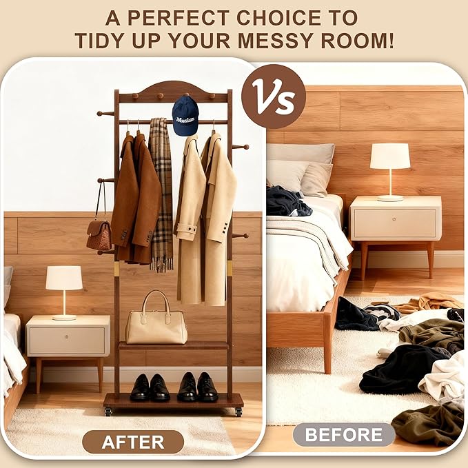 Coat Rack Freestanding Clothing Rack with Wheels - Heavy Duty Clothes Rack with 2 Shelves, Wooden Coat Hanger Stand with 4 Top Hooks & 5 Side Hooks for Entryway Hallway Living Room Office