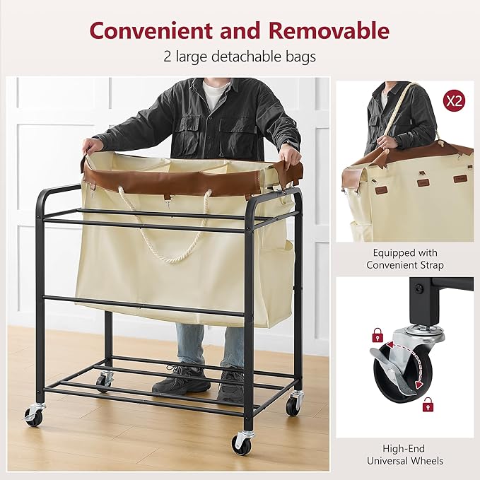 Tajsoon 295L Extra Large Laundry Hamper 6 Section, Heavy Duty Laundry Cart with Wheels, Commercial Laundry Sorter with Sturdy Metal Frame, Removable Bags & Leather Patchwork, Beige