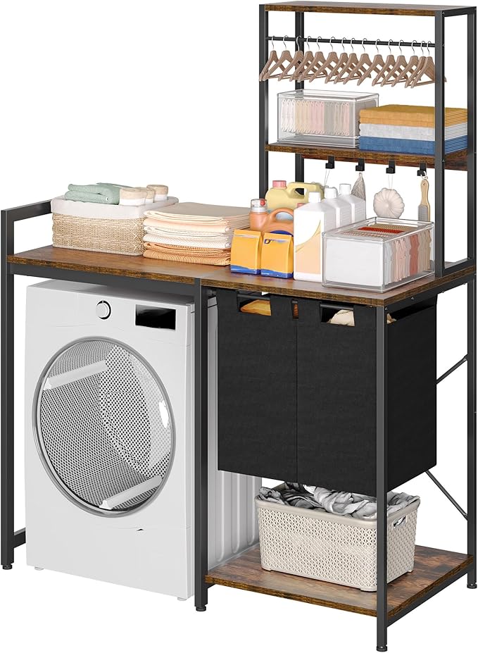 DWVO Over Washer and Dryer Shelves, Laundry Room Organization with Removable Pull-Out Hamper, Hanging Rods, Metal Hooks, Heavy-Duty Laundry Countertop with Non-Tipping Kits, Retro Color