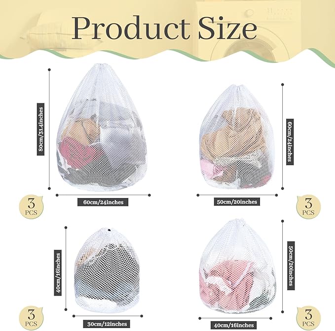 Fabbay 12 Pcs Mesh Laundry Bag with Drawstring White Heavy Duty Mesh Bag Machine Washable Sheet Drawstring Bag Net Wash Bag Laundry Washing Bag for Delicates College Dorm (Coarse Style)