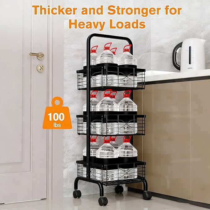 3 Tier Rolling Cart, Heavy Duty Metal Utility Cart with 4 Lockable Wheels & Handle, Multi-Purpose Storage Organizer for Kitchen, Bathroom, Laundry Room, Pantry, Office, Craft, Makeup (Black)