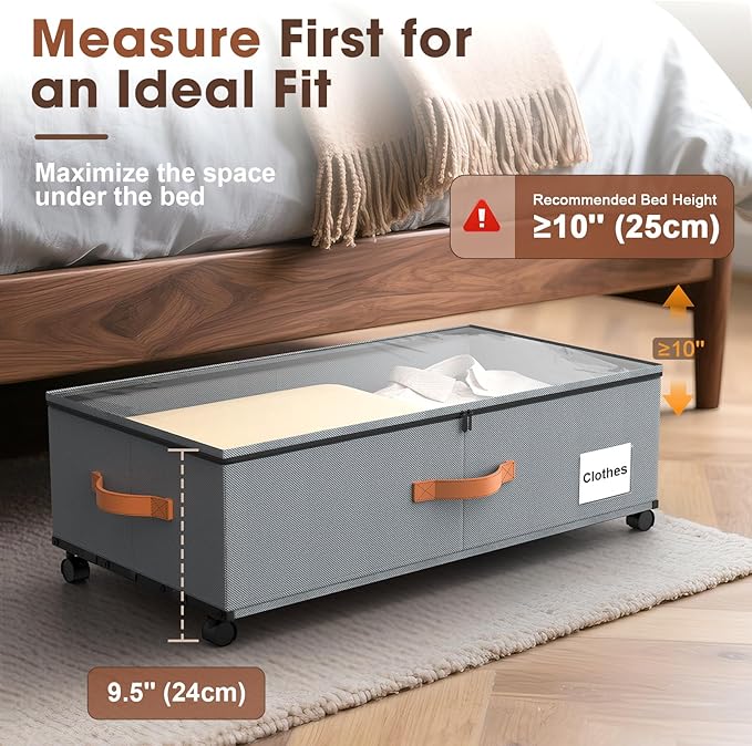 Under Bed Storage Containers with Wheels, 9.5 inches Higher Underbed Shoes Blankets Clothes Toy Storage Drawers for College Dorms Bedrooms Nursery Rooms Organization, 2 Pack to be Assembled