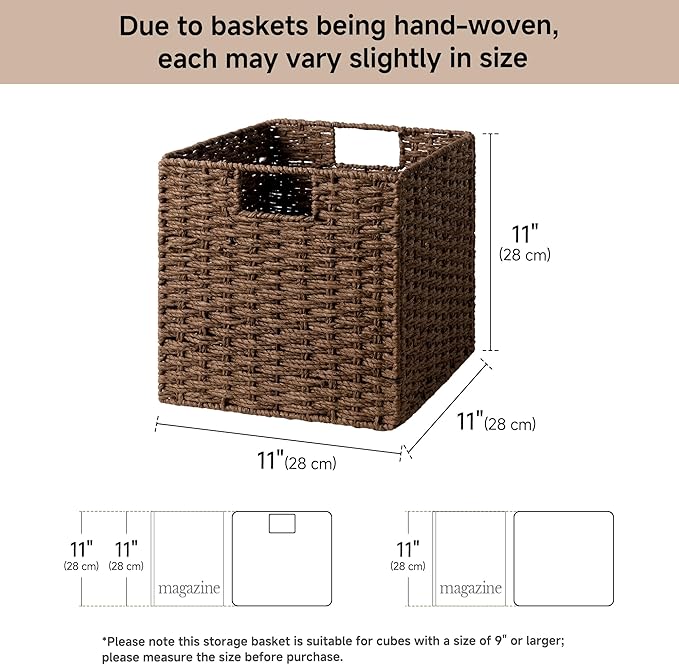 StorageWorks 11 inch Wicker Storage Cubes, Handwoven Cube Storage Bin, Square Cubes Basket, Foldable Paper Rope Basket for Organizing, Brown, 2 Pack