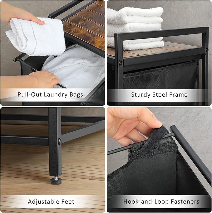 Pull Out Laundry Hamper 3 Compartment Laundry Sorter with Shelf 3 Section Laundry Basket with 3 x 16 Gallons Removable Bags for Laundry Room Bathroom and Dorm, Black