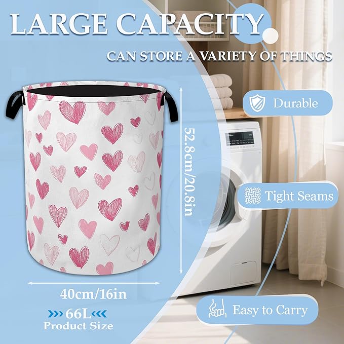 Pink Heart Laundry Basket Collapsible Laundry Hamper with Handle, Oxford Clothes Toy Storage Bin for Bathroom Bedroom Room Decor, Gift Basket 16" X 20.8"