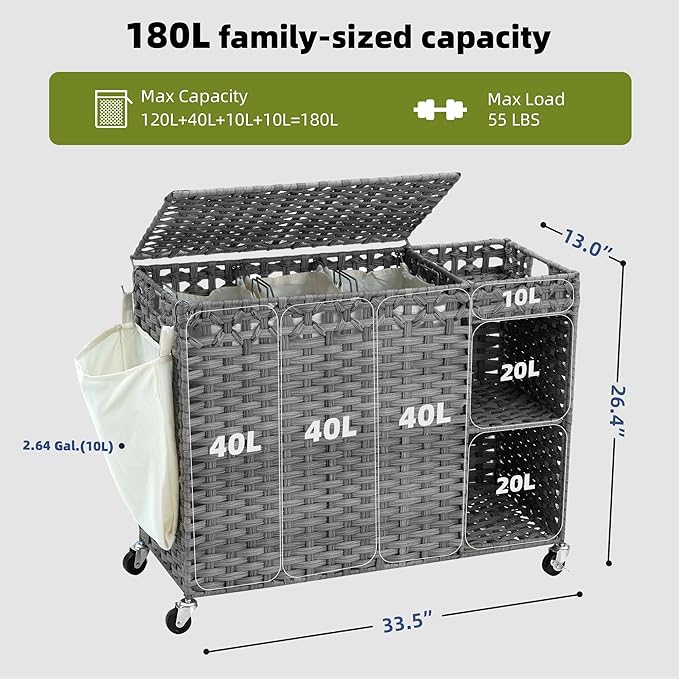 Laundry Hamper with Lid, 160L Rattan Wicker Laundry Basket with Wheels, Handwoven Laundry Hamper 3-Section with Storage shelf(42.3 Gal), Laundry Sorter Basket with Removable Liner, GreyHLH033G