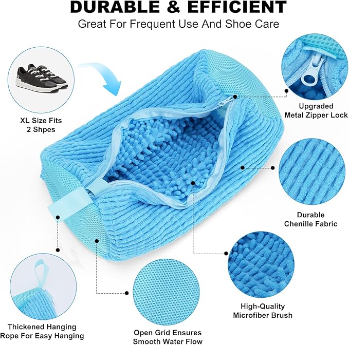 Shoe Washing Machine Bag - Shoe Laundry Bag for Washer and Dryer, Reusable 2 Pack, 360° Deep Cleaning, Self-Locking Zipper, Fits All Sneakers & Tennis Shoes - Blue