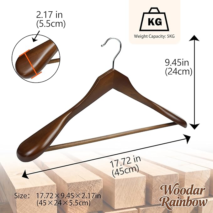 Luxury Wide Shoulder Wooden Suit Hangers with Pants Bar, Solid Wood Jacket Clothes Hangers Smooth Finish for Sweater Dress Pants Sport Coats (Dark Brown, 6 Pack)