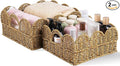 Scalloped Basket Set of 2，Resin Wicker Basket for Organizing and Decor Hand-Woven Wicker Storage Baskets with Built-In Handles for Gifts,Snack,Shelves，Tan