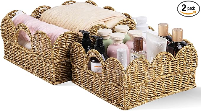 Scalloped Basket Set of 2，Resin Wicker Basket for Organizing and Decor Hand-Woven Wicker Storage Baskets with Built-In Handles for Gifts,Snack,Shelves，Tan