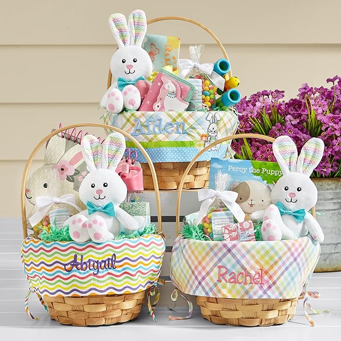 Let's Make Memories Personalized Easter Basket for Kids - For Boys - For Girls - Embroidered Name - Create Your Own - Fillable - Wicker - Easter Basket Stuffers - Medium - Pink Bunny Applique