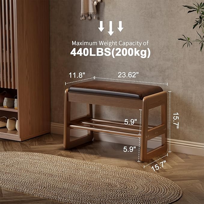 AQIMUELE Small Shoe Rack Bench,2 Tiers Shoe Bench with Storage with Flip-Top,Wood Shoe Rack for Entryway,Hallway（Dark Walnut Upholstered Seat）