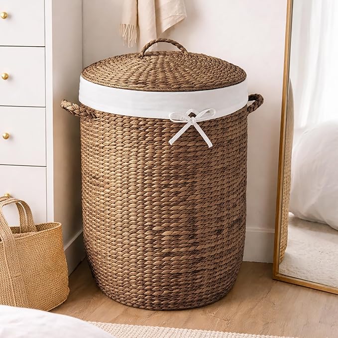 Best Choice Products Round Laundry Hamper w/Lid, Handwoven Laundry Basket, Built-in Handles & Removable Liner for Clothes, Towels, Blanket & Storage Organization - Chestnut