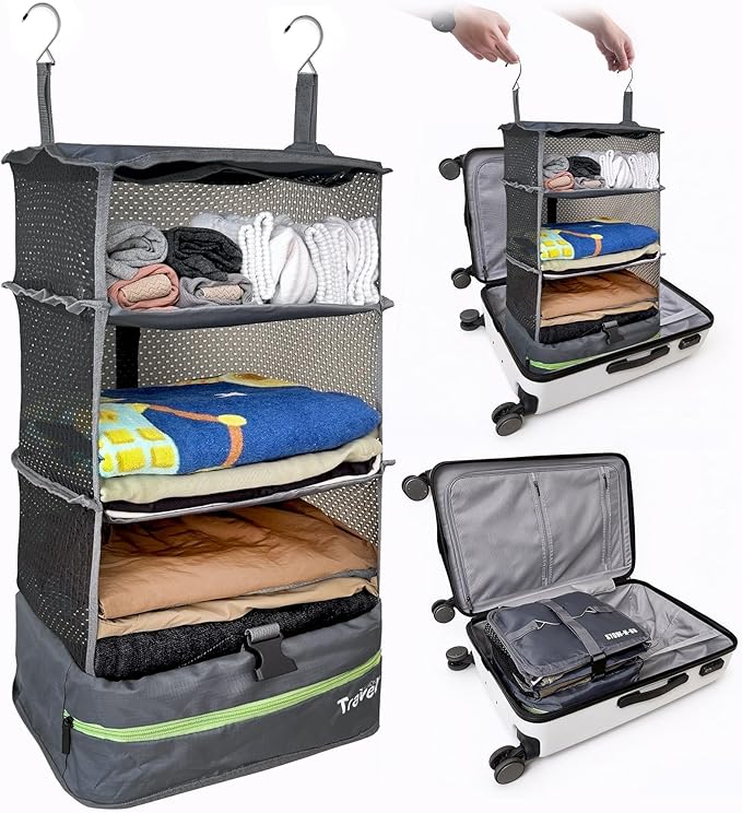 Grand Fusion Stow-N-Go Packing Organizer for Luggage, Portable Hanging Travel Shelves, Carry-On Closet, Hanging Packing Cubes, Collapsible Carry-On Organizer for Cruises & Hotels. Dark Gray - L