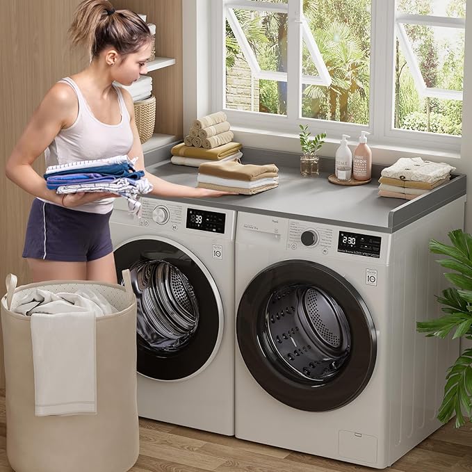 Aheaplus Washer and Dryer Countertop, Laundry Room Organization with Non-Slip Pads, Wood Shelf Topper with Round Corner Edge Rails, Folding Organizer for Laundry Storage, 54" W x 27.5" D, Grey
