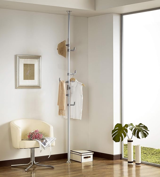 PRINCE HANGER Vertical One-Touch Pole Coat Rack — 6 Independent Rotating Hooks (Silver)