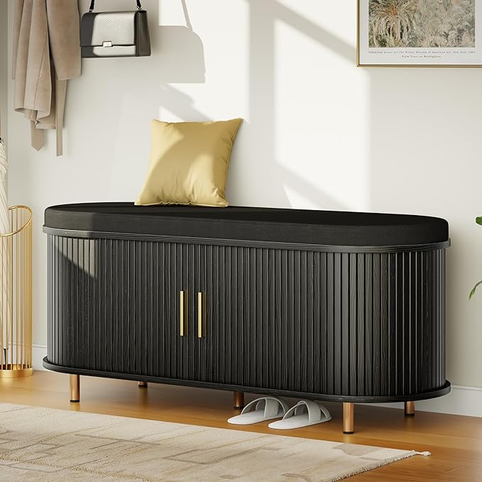 DHH 2-Tier Storage Bench, 43.3" Wide Shoe Bench with Thickened Padded Seat Cushion, Mid Century Modern Fluted Sliding Door and Adjustable Shelf, for Entryway, Living Room, Bedroom(Black)