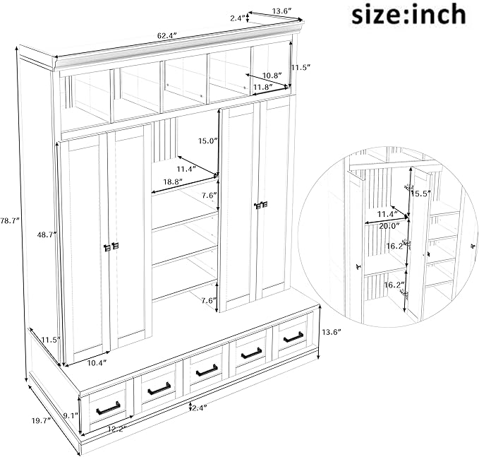 Modern Hall Tree with Bench and 5 Storage Cubbies, 5 Drawers and Adjustable Shelves, 78.7''H Hall Tree Entryway Storage Organizer Cabinet with 4 Doors for Hallway, Entryway, Living Room (White/506)