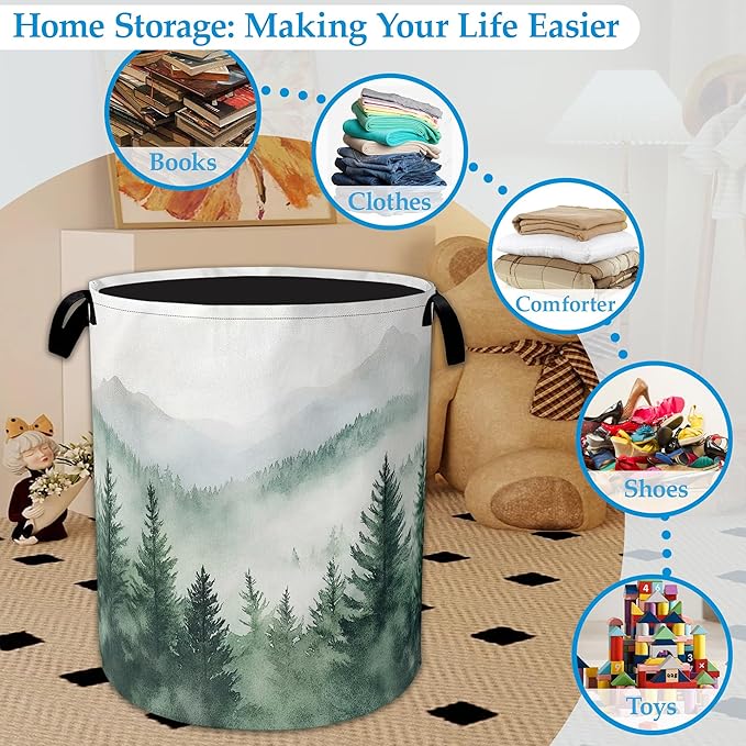 Misty Forest Large Storage Basket Collapsible Laundry Basket Oxford Storage Bin for Toy Bins Gift Baskets Bedroom Clothes Children Nursery Hamper 16" X 20.8"
