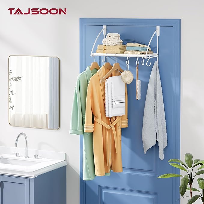 Tajsoon Over The Door Hanger with Storage Rack and 6 Hooks, Over The Door Clothes Rack for Hanging Coat, Over Door Clothes Hanger for Bathroom, Bedroom, Living Room, White