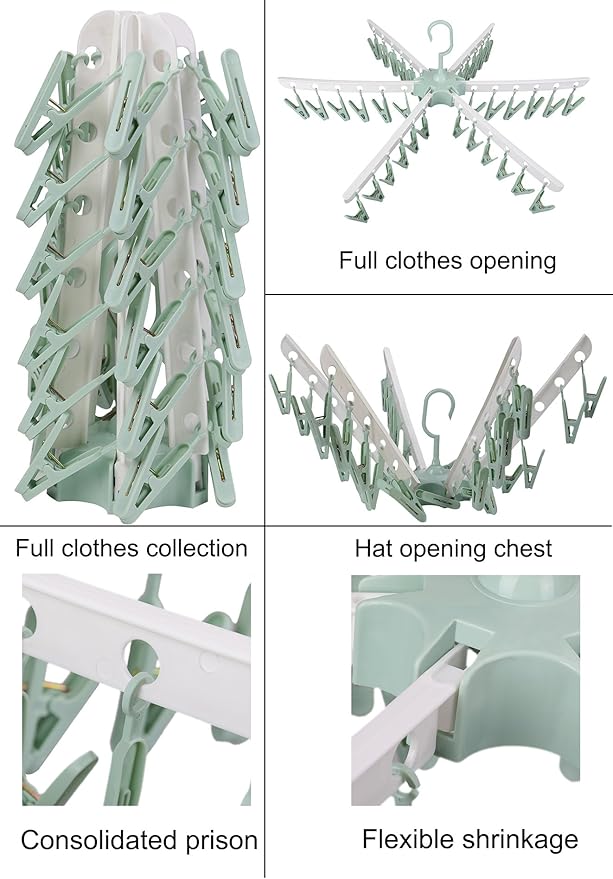 Swivel Hook Plastic 36 Pegs Drying Rack Clothes Hanger for Underwear Socks Gloves (Green) (Green)