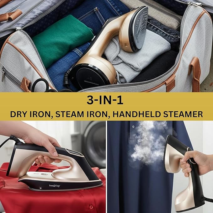 True & Tidy 2-in-1 Iron and Handheld Steamer, 1600W Dual Heating System with Ceramic-Coated Plate, LCD Display, No-Drip Technology, 3 Fabric Modes, Portable Garment Steamer for Home & Travel
