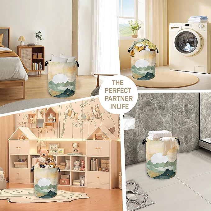 Laundry Hamper,Boho Sunrise Laundry Basket,Watercolor Green Mountain Portable Collapsible Laundry Room Organization Storage for Dorm Room,Nursery,Bathroom,Bedroom,16x20 Inch