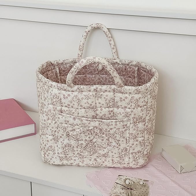 Floral Fabric Storage Basket Car Interior Storage Basket Underwear Sundries Laundry Baskets Supplies Home Organizer Bag (Pink Floral)