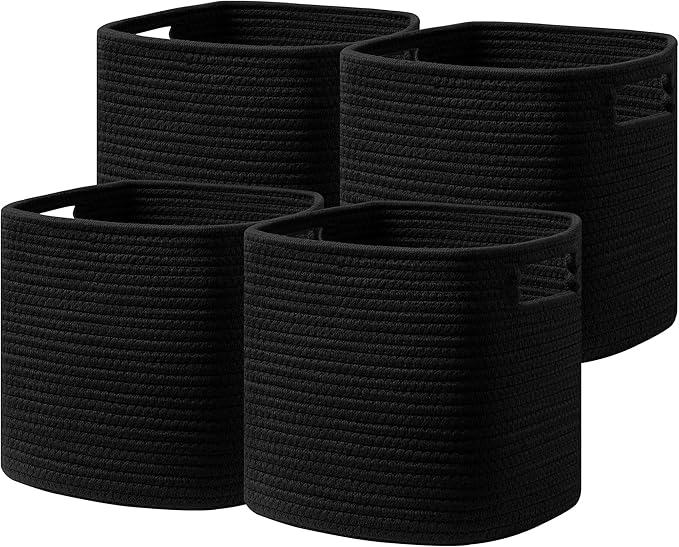 UBBCARE Set of 4 Storage Basket-13 X 13 X 13 in, Cotton Rope Basket for Shelves, Toys, Book, Cube Storage Bins with Handles, Woven Storage Basket for Organizing, Black