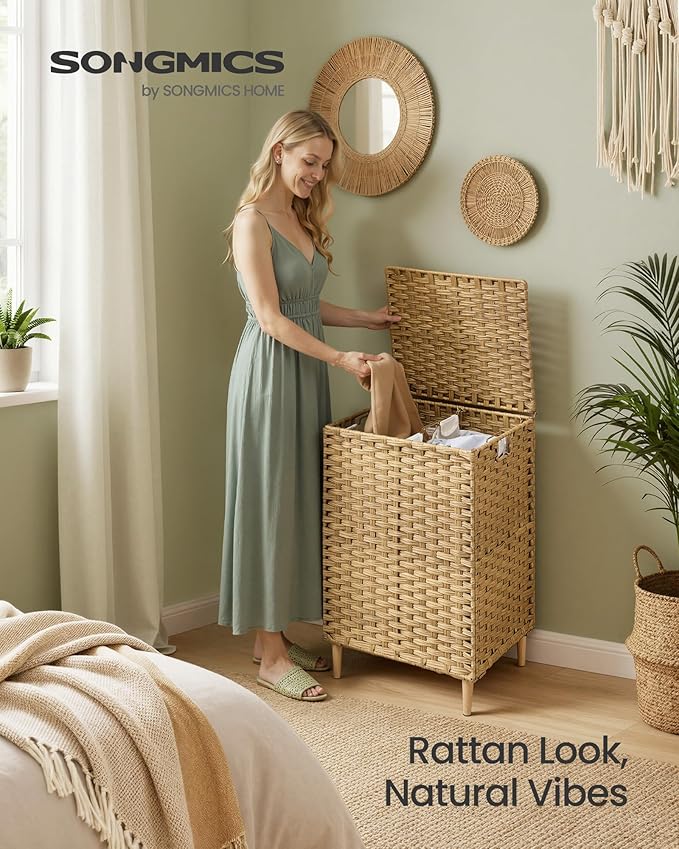 SONGMICS Laundry Hamper with Lid, 29 Gal. (110 L) PE Rattan Laundry Basket with Lid and Handles, Natural Material,Removable Machine Washable Liner, Goose Yellow ULCB222YE01