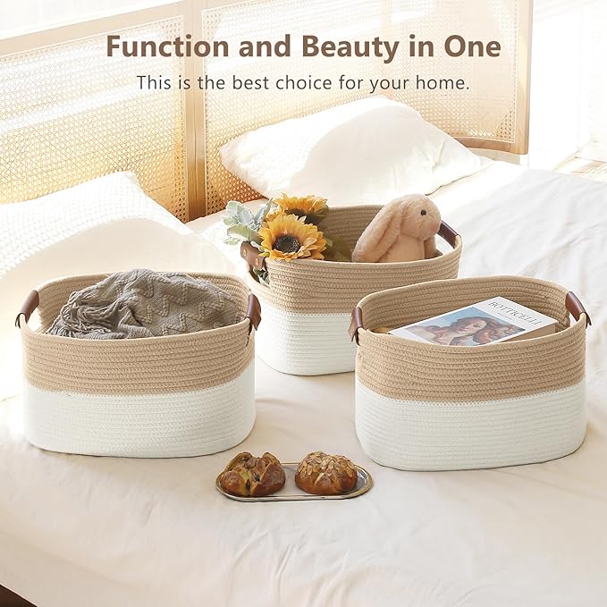 Cotton Rope Storage Baskets, 15x10x9 in, Rectangular, White/Beige-1Pack, Modern, Easy To Use, Foldable, Laundry, Storage, Decoration