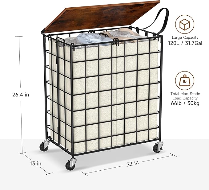 Laundry Basket with Wheels, Heavy Duty Laundry Sorter 2 Sections, 120L (32Gal.) Large Capacity Laundry Hamper with Wood Lid, 360 Rolling Wheels, Extra Side Pocket, Leather Pull Handle (Beige)