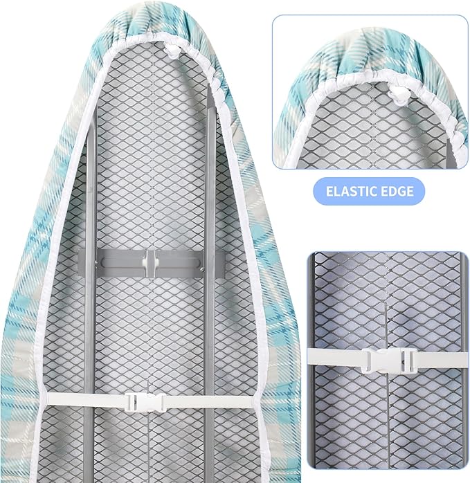 BNDX 18"x49" Ironing Board Cover for Laundromats– Aqua Plaid Pattern, Thick Padding with Bongee Cord & Dual Buckles, Stain & Scorch Resistant, Easy Fit