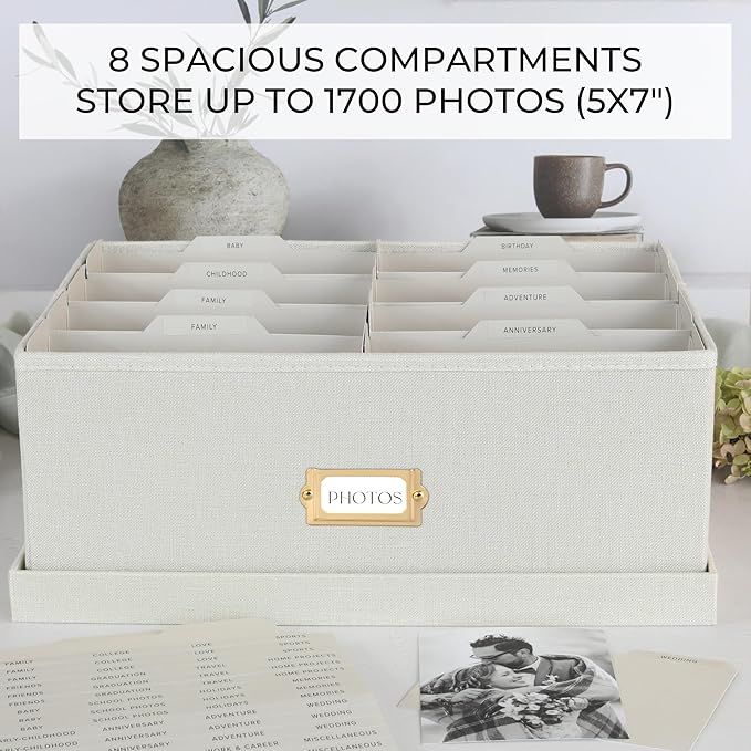 ZICOTO Decorative Photo Storage Box - Sturdy Linen Photo Organizer with Dividers is Perfect to Store Up to 1700 Pictures and 5x7 Photos - Portable Scrapbook Storage Containers with Lid