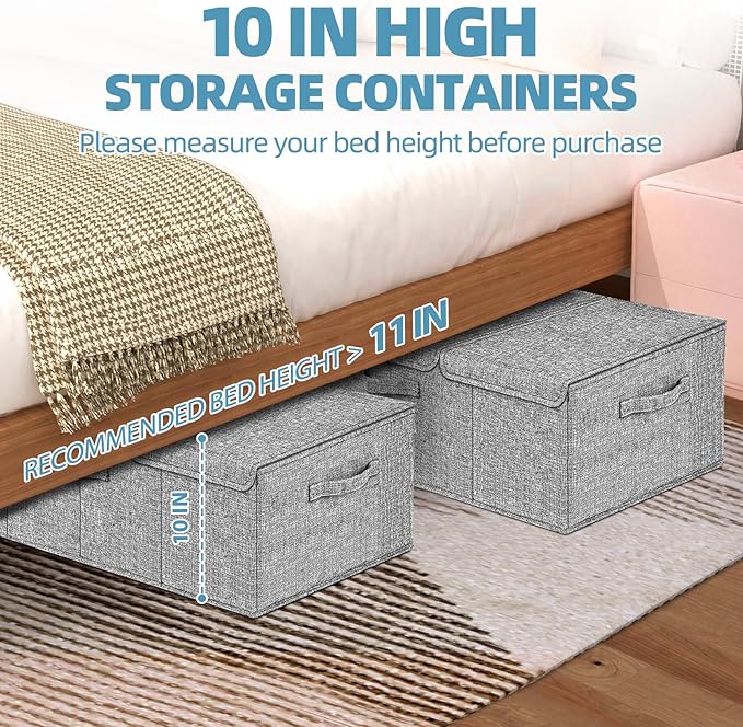 Deep Under Bed Storage Container, 10" Tall Height Underbed Box Bin with Lids 31" Long Large Basket for Under Bed, Bedroom, Dorms, Clothes, Bed sheets, Blankets, 2 Pack, Grey