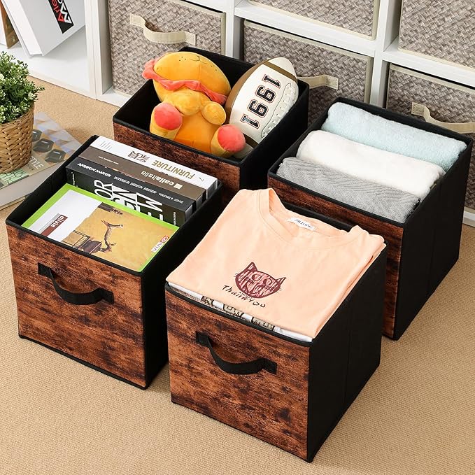 Stero Fabric Storage Cubes, 6 Pack Foldable Storage Bins with Handle, 11 Inch Box for Shelves, Closet, Organizer, Rustic Brown and Black