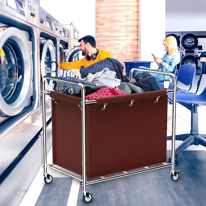 Commercial Laundry Cart with Wheels, 400L Heavy Duty Laundry Cart on Wheels for Home & Hotel, Waterproof Oxford, Sturdy Steel Frame, Easy to Install(Brown)