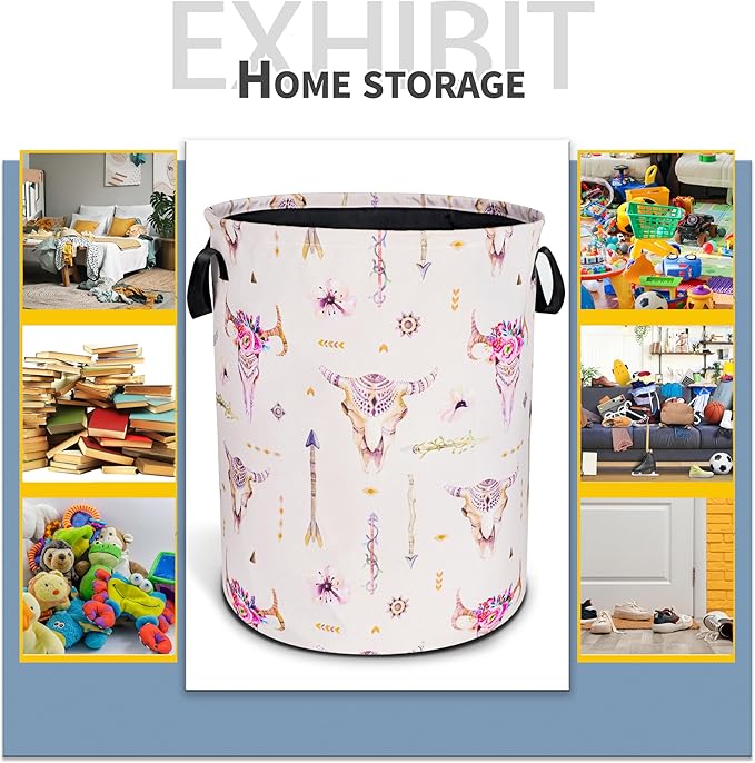 Bohemian Cow Skull Laundry Basket Ethnic Style Foldable Oxford Cloth Funny Tote Bag Laundry Hamper Clothes Storage Bucket Toy Organizer For Bathroom/Laundry Storage/Bedroom 18.9x16.5 Inch