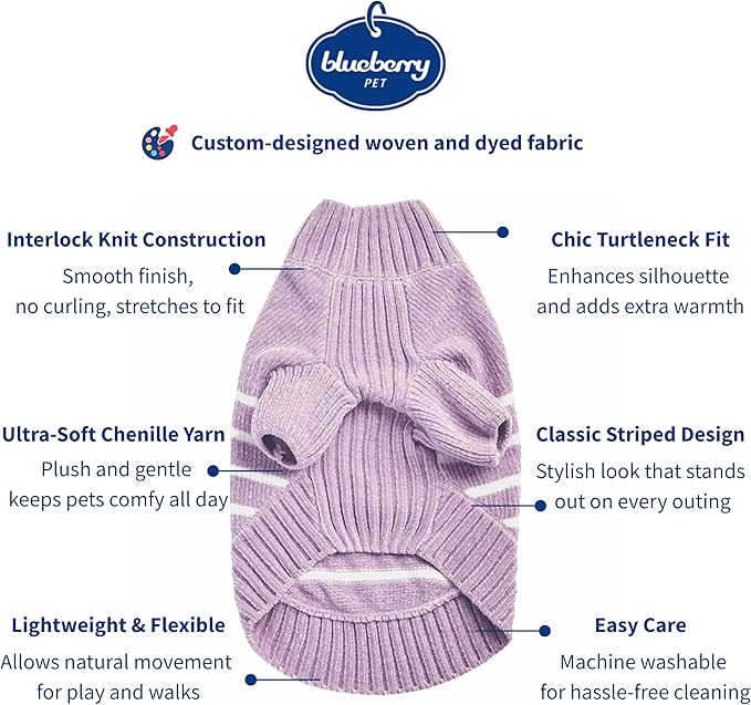 Blueberry Pet Cozy Soft Chenille Classy Striped Dog Sweater in Lavender Frost, Back Length 10", Pack of 1 Clothes for Dogs