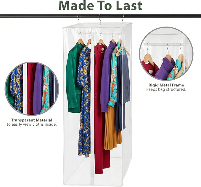 Garment Bag - Clear Hanging Closet Organizer - Durable Zippered Cover with Rod Protects Dresses, Suits, and Jackets from Dust and Moist- Top Metal Frame to Keep All Your Stuff in Shape- 54" x 20" x 15