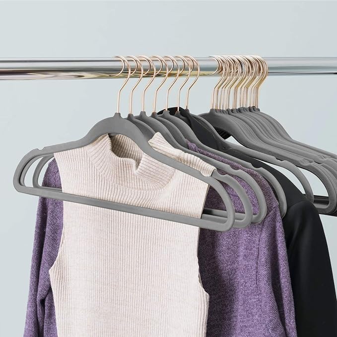VECELO Premium Velvet Suit Heavy Duty-Non Slip & Space-Saving Clothes Hangers with 8 Finger Clips and Tie Rack for Men and Women (60 Pack), Gray