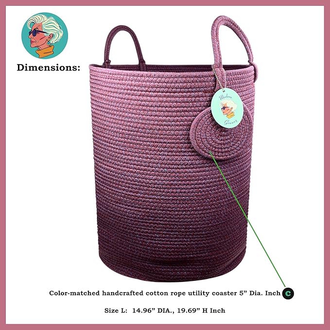 Modern Granny Large Cotton Rope Laundry Hamper 15x20 Inch Dual Secure Woven Handle for Living Room Closet Clothes Blanket Organization