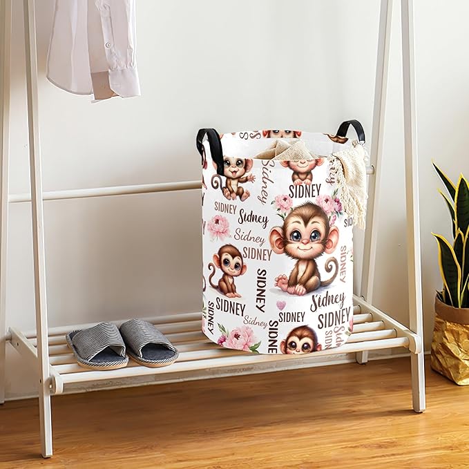 Large Custom Name Laundry Hamper, Monkey Personalized Dirty Clothes Hamper Storage Basket with Name for Bathroom Bedrooms, Customized Name Circular Hamper with Handles for Baby Boys Girls Men Women