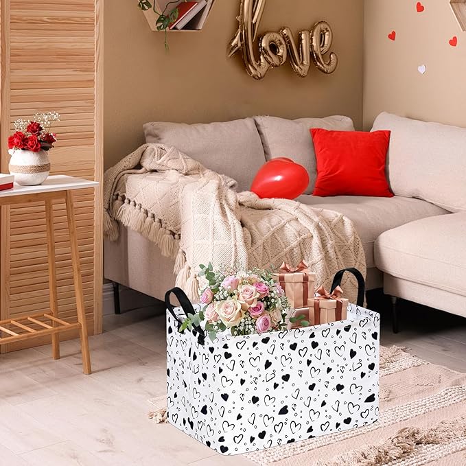 Girls Empty Gift Basket Heart Print Storage Cube for Women, Closet Shelf Organizer Bins with Handles Nursery hamper Kids Toys Books Box Room Deco