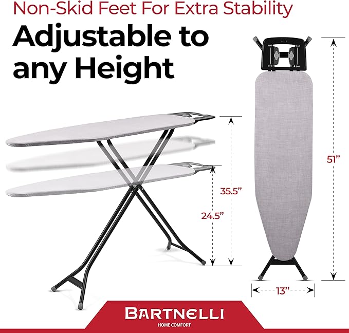 Bartnelli Extreme Stability Ironing Board 43x13 Upgraded Heavy-Duty Metal Frame & Iron Rest, Height Adjustable, Foldable, 4 Non-Skid Feet, 4-Layer Cover & Pad, Made with Patent European Engineering