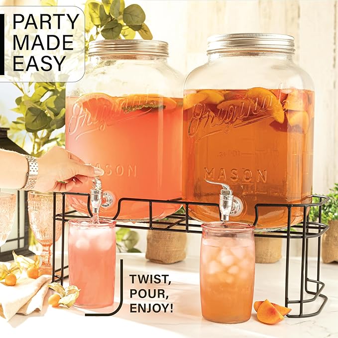 MosJos 2 GALLON Glass Drink Dispensers for Parties, Original Mason Ice Beverage Dispensers with Metal stand, Glass Water Dispenser with Spigot, Laundry Detergent Dispenser, Lemonade Dispenser Set